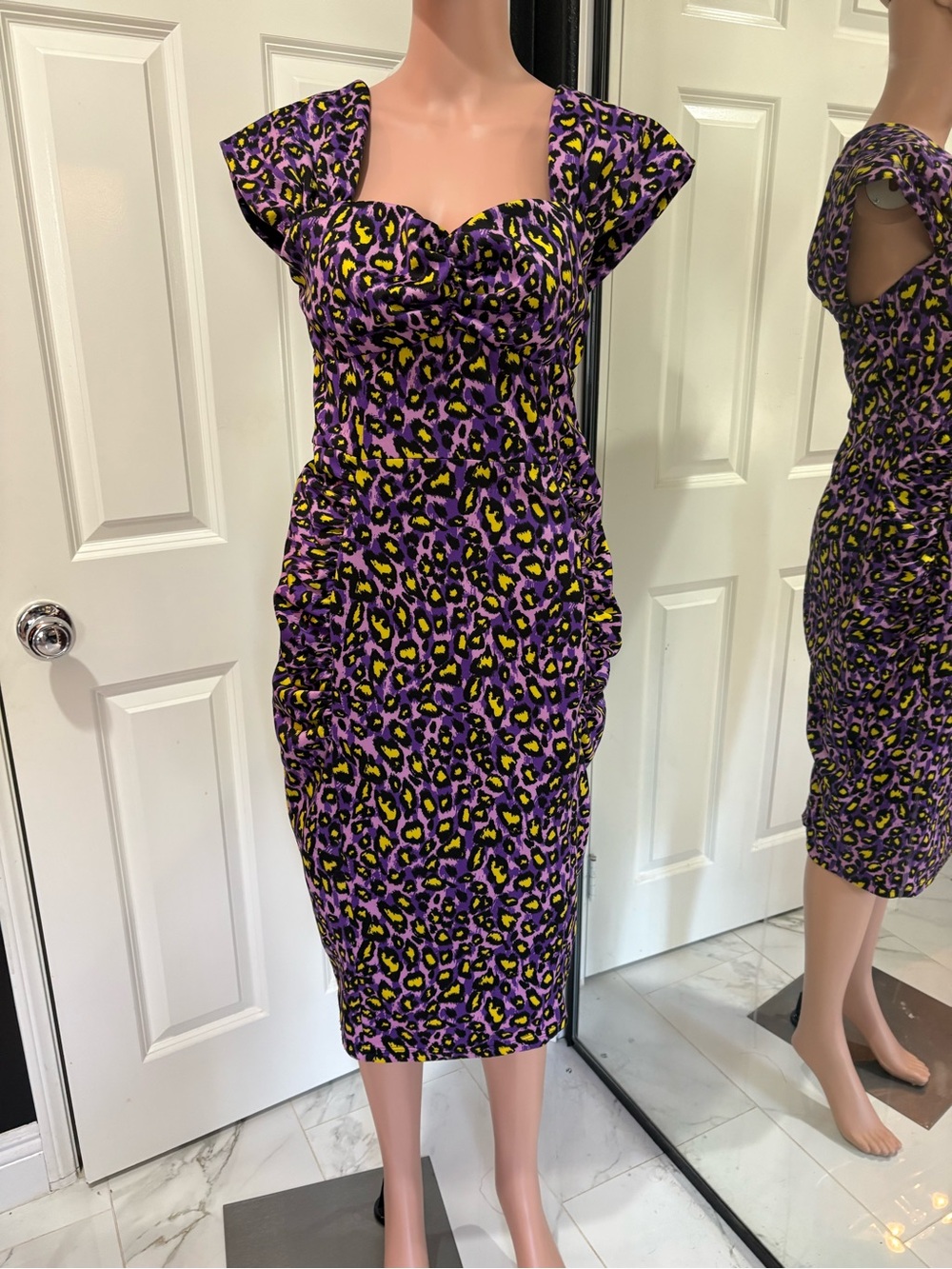 Pinup Rockabilly Wiggle Purple Leopard-Print Sweetheart Midi Dress